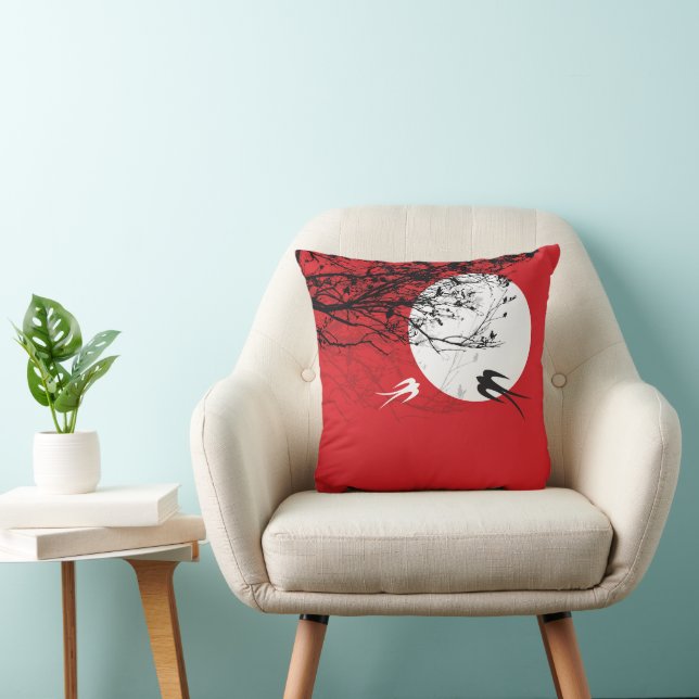 B&W Oriental Swallows Moonlight Tree Branches Throw Pillow (Chair)