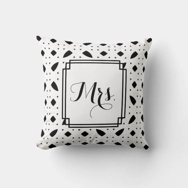 B&W Patterned "Mrs" Wedding Throw Pillow (Front)
