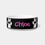 B&W Paws Bowl<br><div class="desc">This cute, customizable pet bowl features white paw prints on a black background. Customize it by adding your pets name in the color and font of your choice! It's easy to do, just click "Customize It"!</div>