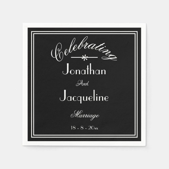 B & W Personalized Names Elegant Chic Wedding Napkins (Front)