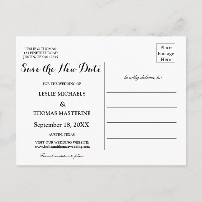 B&W Personalized Save the New Date Postcard (Back)