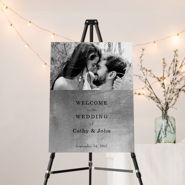 B/W Photo Metallic Silver Wedding Welcome Sign (In Situ (Stand))