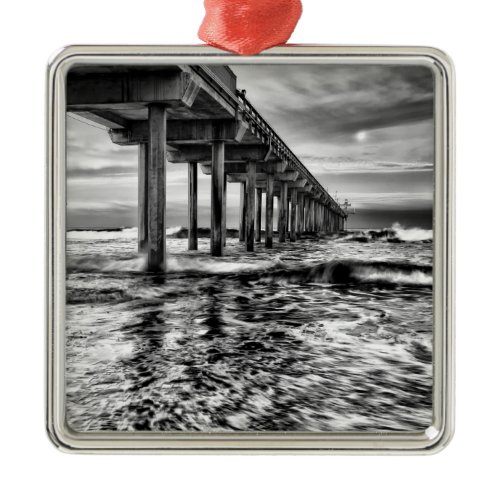 B&amp;W pier at dawn, California Metal Ornament