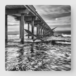 B&W pier at dawn, California Square Wall Clock
