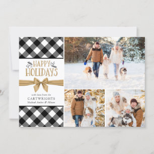B&W Plaid Buffalo Gold Brown Happy Holidays Holiday Card