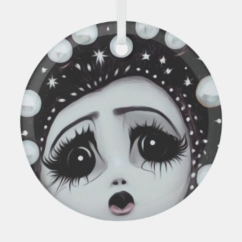 B&w Pop Surrealism Big Eyes Doll Face Glass Ornament by VoXeeD at Zazzle
