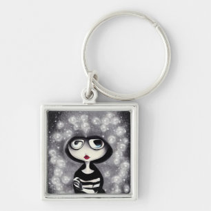 B&W Pop Surrealism Hooded Doll & Pearls Keychain