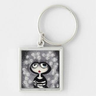 B&W Pop Surrealism Hooded Doll & Pearls Keychain
