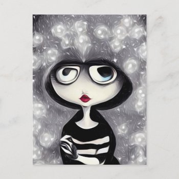 B&w Pop Surrealism Hooded Doll & Pearls Postcard by VoXeeD at Zazzle