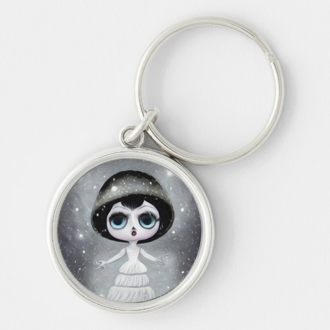 B&W Pop Surrealism White Dress Doll Keychain (Front)