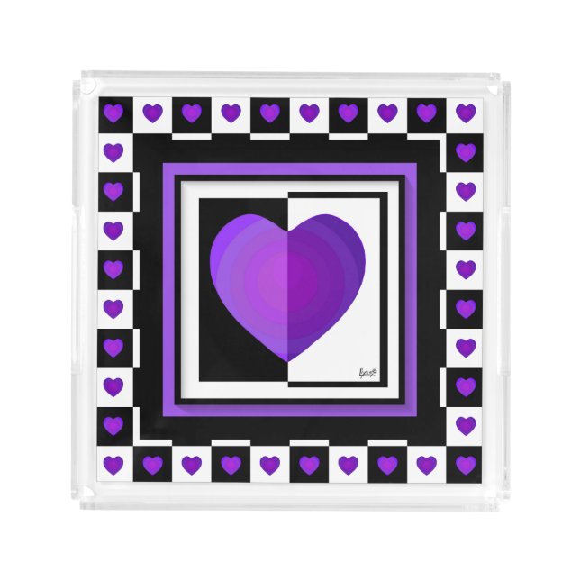 B&W Purple Hearts Beating Acrylic Tray (Front)
