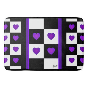 B&W Purple Hearts Beating Bath Mat
