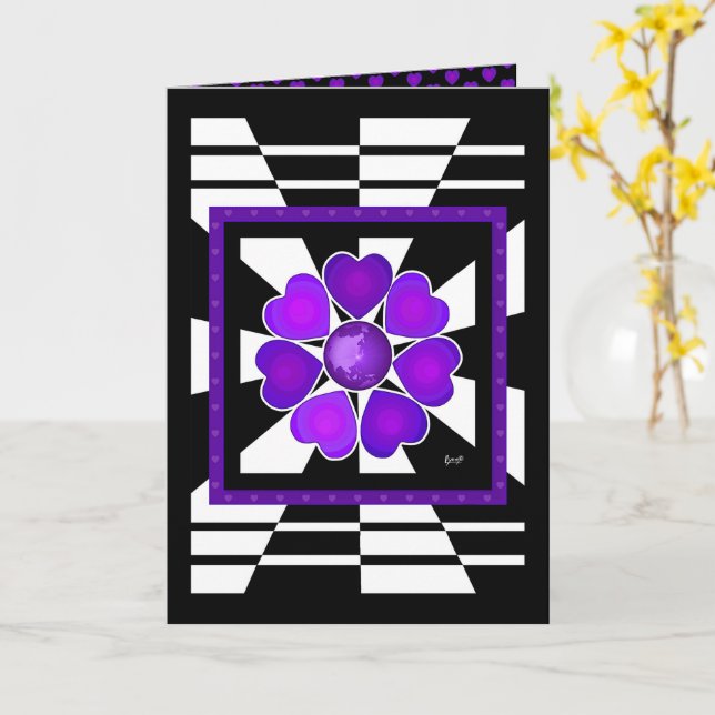 B&W Purple Hearts Beating birthday card (Yellow Flower)