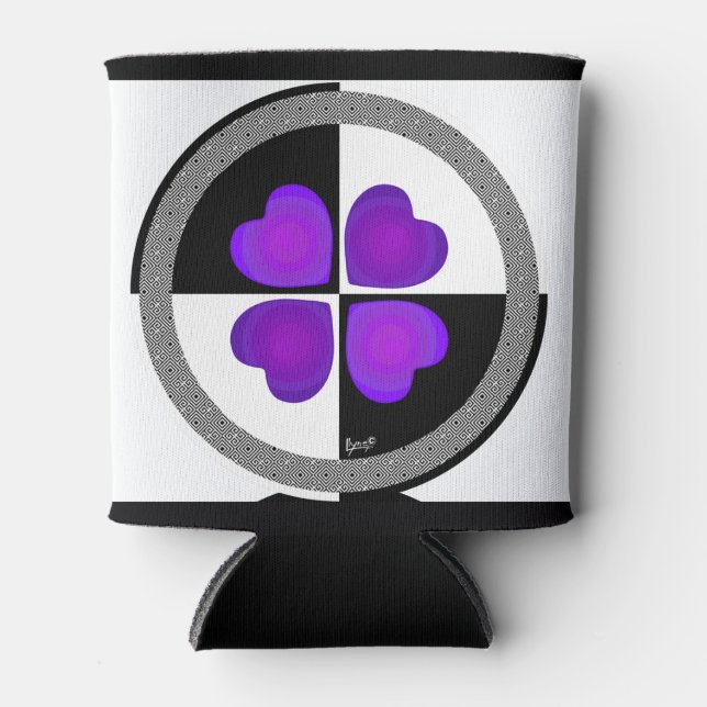B&W Purple Hearts Beating Can Cooler (Front)