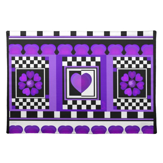 B&W Purple Hearts Beating Cloth Placemat (Front)