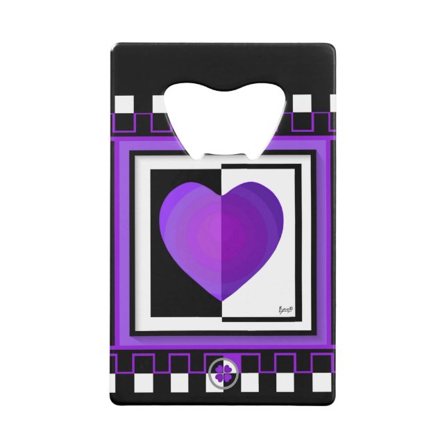 B&W Purple Hearts Beating Credit Card Bottle Opener (Front)