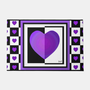 B&W Purple Hearts Beating Doormat