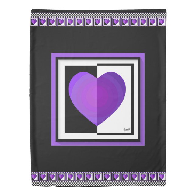 B&W Purple Hearts Beating Duvet Cover (Front)