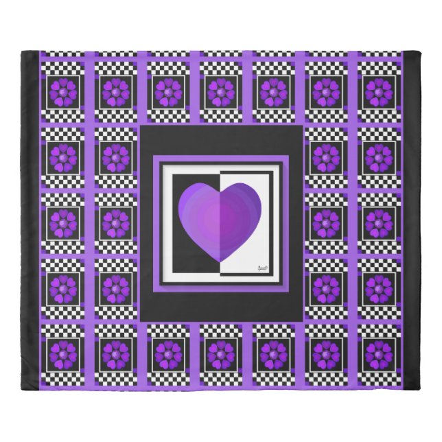 B&W Purple Hearts Beating Duvet Cover (Front)
