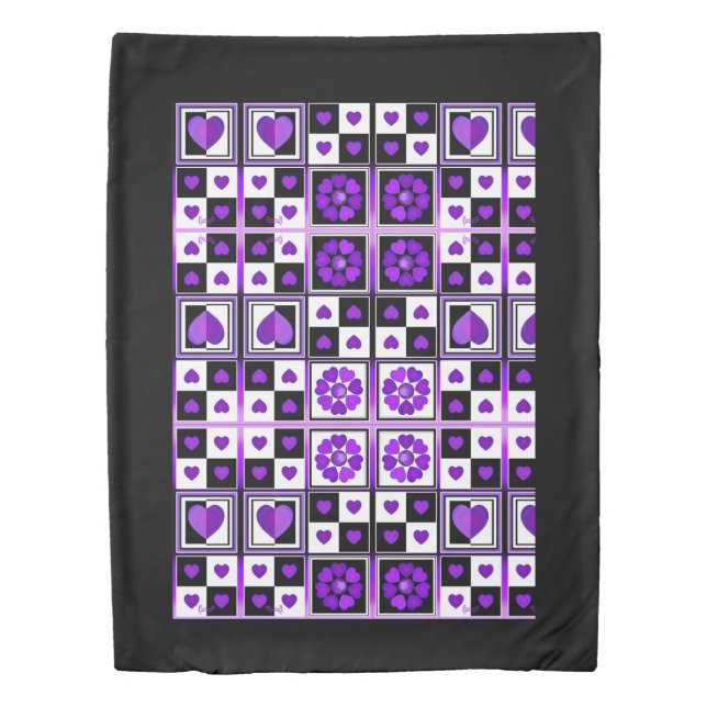 B&W Purple Hearts Beating Duvet Cover (Front)