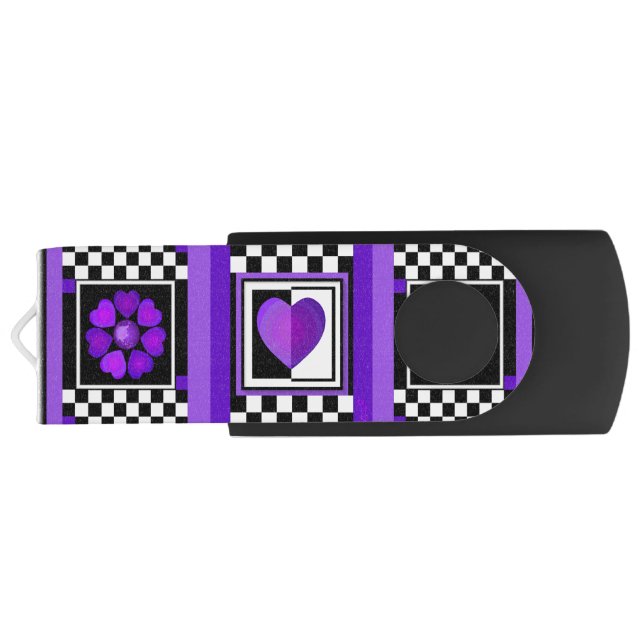 B&W Purple Hearts Beating Flash Drive (Back)