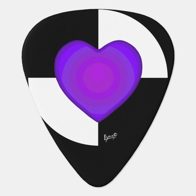 B&W Purple Hearts Beating Guitar Pick (Front)