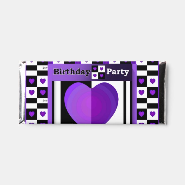b&w Purple hearts beating Hershey Bar Favors (Front)