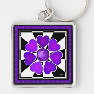 B&W Purple Hearts Beating Keychain