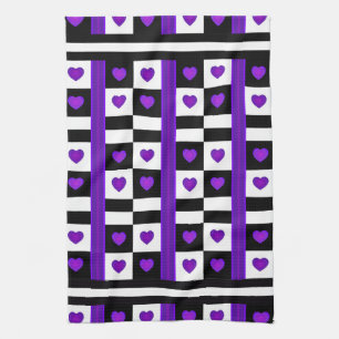 B&W Purple Hearts Beating Kitchen Towel