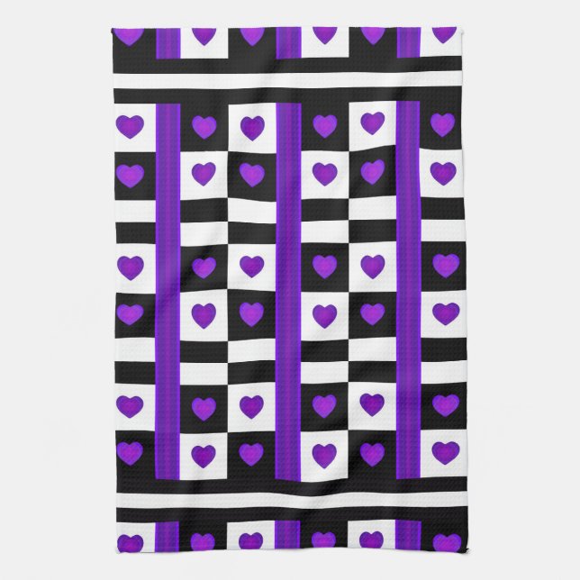 B&W Purple Hearts Beating Kitchen Towel (Vertical)