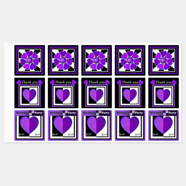 b&w Purple hearts beating Labels (Sheet)