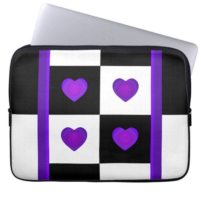 B&W Purple Hearts Beating Laptop Sleeve (Front)