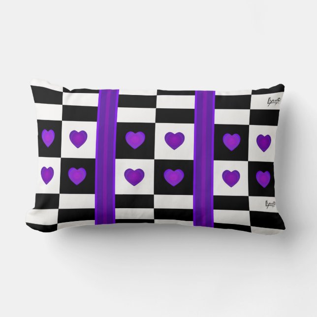 B&W Purple Hearts Beating Lumbar Pillow (Front)