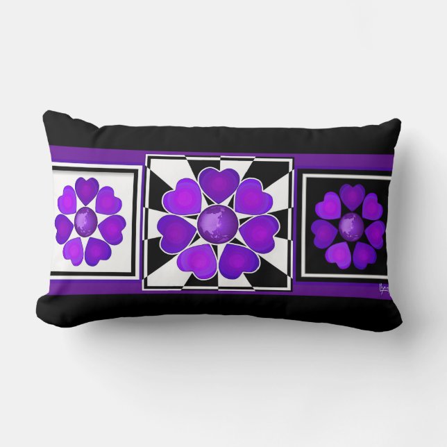 B&W Purple Hearts Beating Lumbar Pillow (Front)