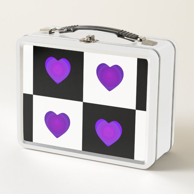 B&W Purple Hearts Beating Metal Lunch Box (Front)