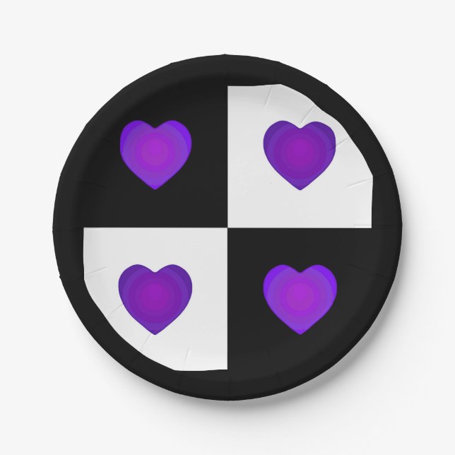 B&W Purple Hearts Beating Paper Plates (Front)