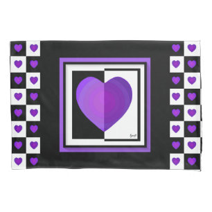 B&W Purple Hearts Beating Pillow Case