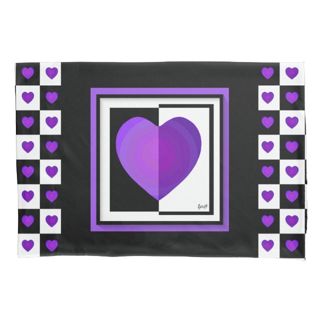 B&W Purple Hearts Beating Pillow Case (Front)