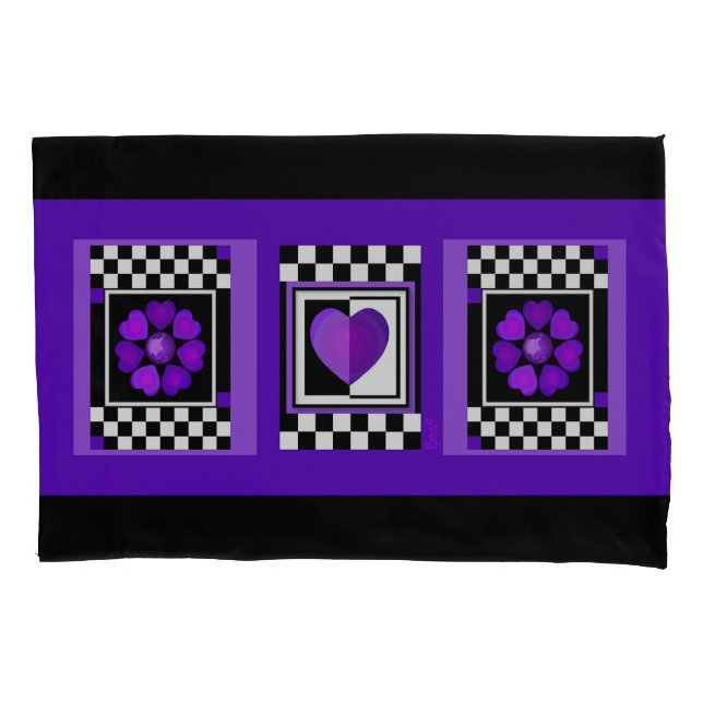 B&W Purple Hearts Beating Pillow Case (Front)