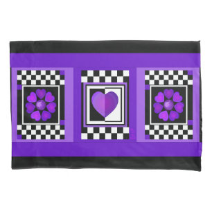 B&W Purple Hearts Beating Pillow Case