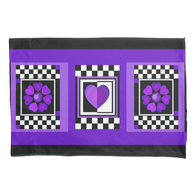 B&W Purple Hearts Beating Pillow Case (Front)