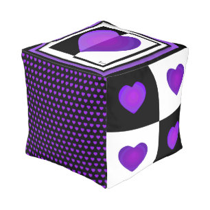B&W Purple Hearts Beating Pouf