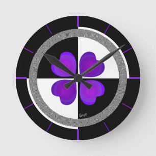 B&W Purple Hearts Beating Round Clock