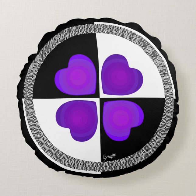 B&W Purple Hearts Beating Round Pillow (Front)