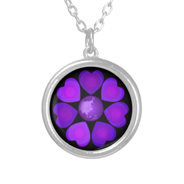 B&W Purple Hearts Beating Silver Plated Necklace (Front)