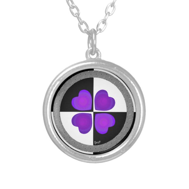 B&W Purple Hearts Beating Silver Plated Necklace (Front)