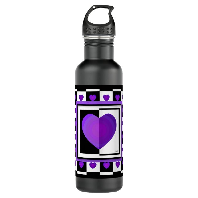 B&W Purple Hearts Beating Stainless Steel Water Bottle (Front)
