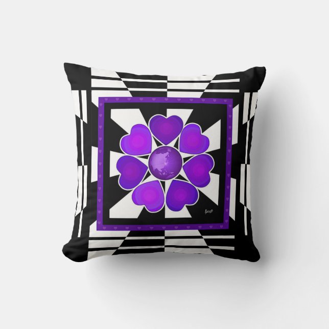 B&W Purple Hearts Beating Throw Pillow (Front)