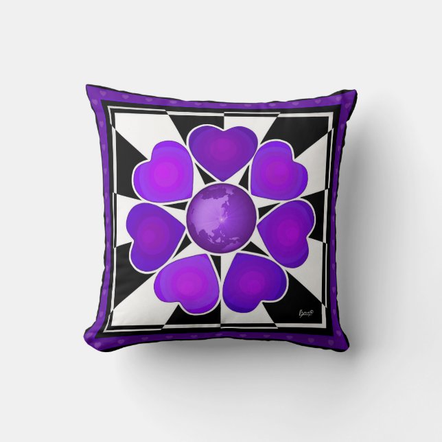 B&W Purple Hearts Beating Throw Pillow (Front)