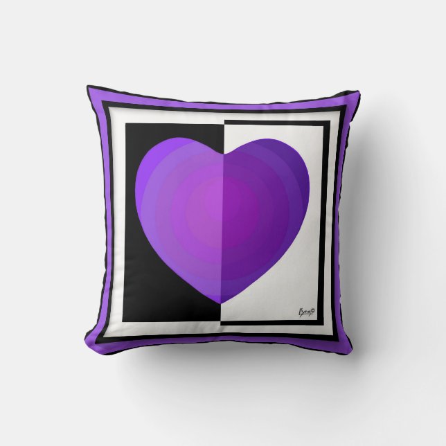 B&W Purple Hearts Beating Throw Pillow (Front)
